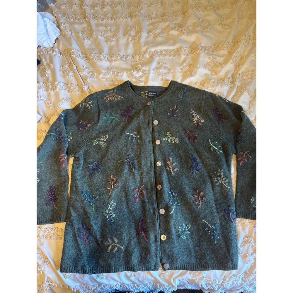 Alexandra Bartlett Woman Wool Cardigan Green Embroidered Floral Plus Sz X